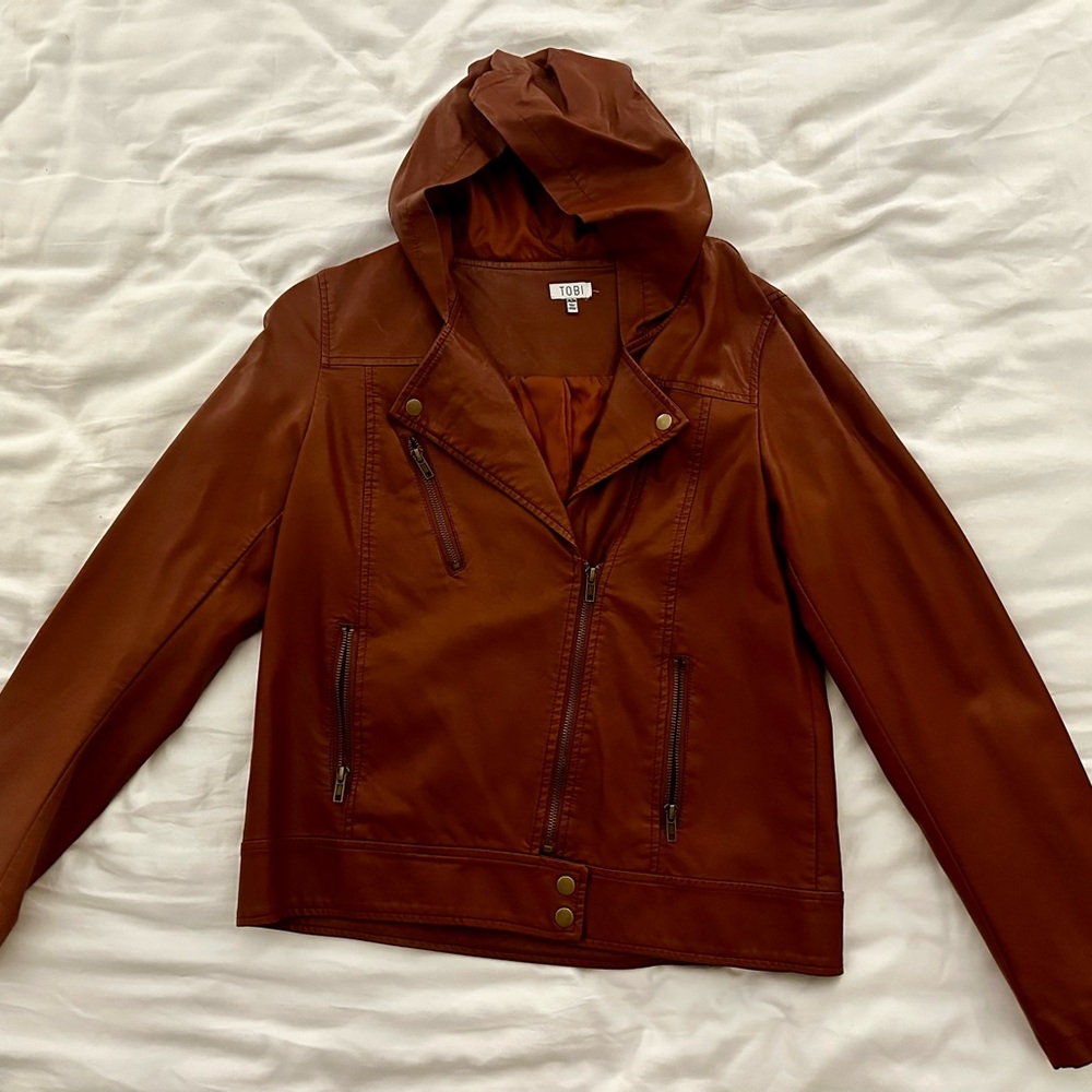 Tobi Chestnut Faux Leather Jacket with Hood